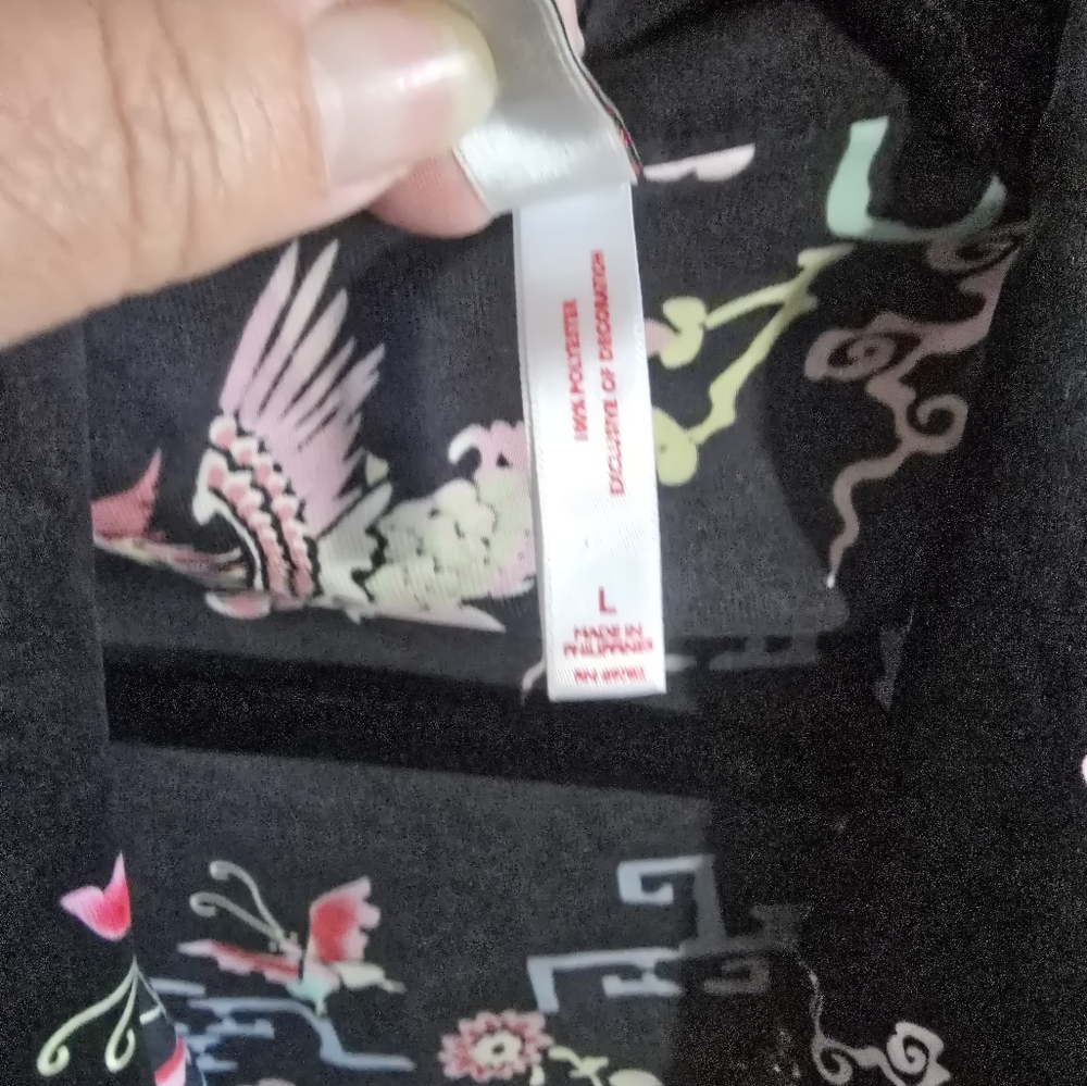 Natori Caftan Satin Robe Black Green Pink Asian Art to Wear Robe Kaftan Large - Picture 3 of 4